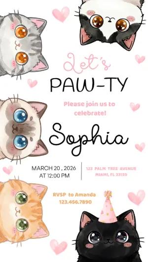 Cute Cat 'Paw-ty' Birthday Invitation Editable Template