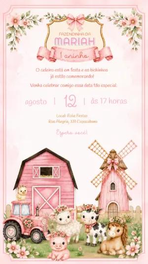 Convite Digital Editável Aniversário Fazendinha Rosa Menina