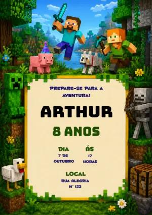 Convite de Aniversário Minecraft: Modelo Digital para Editar