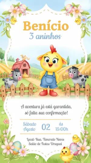 Convite Aniversário Fazendinha com Animais para Editar Online