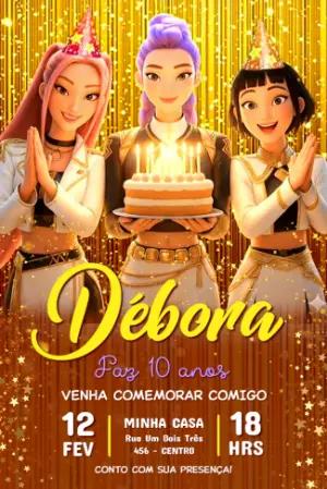 Convite de Aniversário Guerreiras do Kpop Dourado para Editar