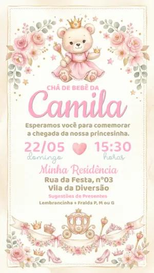 Convite Chá de Bebê Ursinha Princesa Rosa Editável