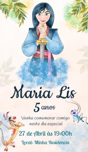 Convite de Aniversário Mulan Aquarela para Editar