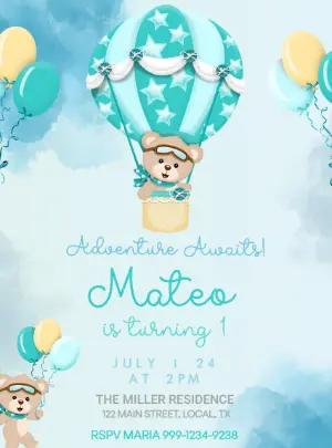 Teddy Bear Hot Air Balloon Birthday Invitation to Edit Online