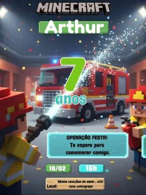 Convite de Aniversário Minecraft Bombeiro para Editar Online