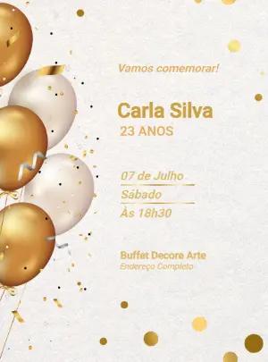 Convite de Aniversário Balões Dourados Editável Online