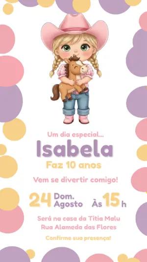Convite de Aniversário Cowgirl Fofa em Tons Pastéis Editável