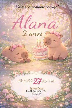 Convite Digital Aniversário Tema Capivara Fofa para Editar