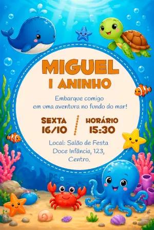 Convite de Aniversário Fundo do Mar Infantil Editável