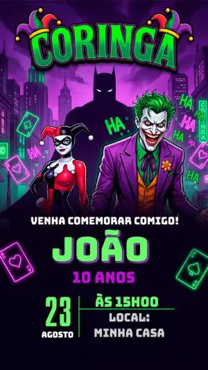Convite de Aniversário Coringa Vilões Editável para Editar