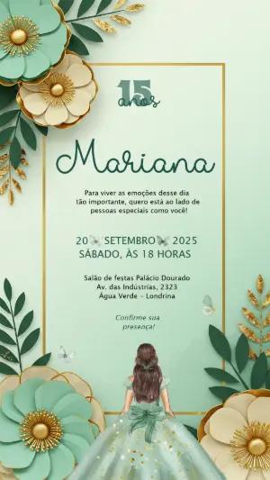 Convite de 15 Anos Verde Menta e Dourado com Flores para Editar