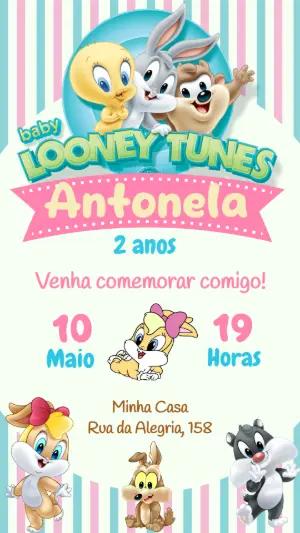 Convite de Aniversário Baby Looney Tunes Fofo para Editar
