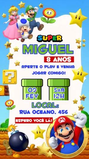 Convite de Aniversário Super Mario Colorido para Editar