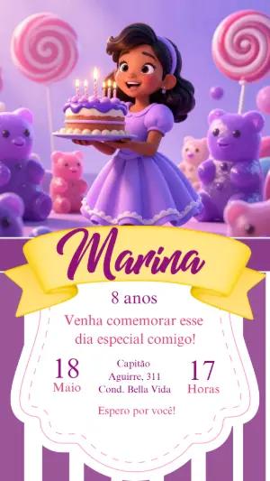 Convite de Aniversário Menina Mundo Doce Roxo Editável