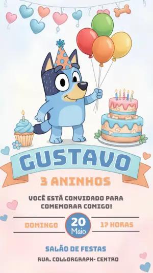 Convite de Aniversário Bluey Infantil Colorido para Editar