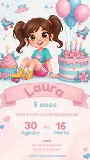 Convite de Aniversário Patins Menina Modelo Digital para Editar