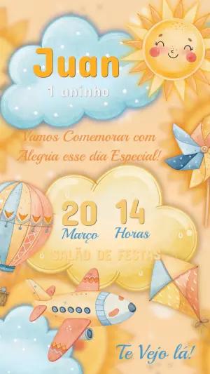 Convite Digital Aniversário 1 Aninho Céu Aquarela Editável