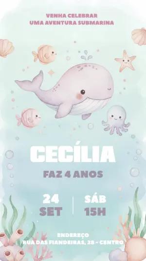 Convite Aniversário Fundo do Mar Aquarela para Editar Online