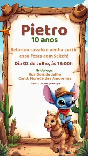 Convite Aniversário Stitch Cowboy para Editar Online