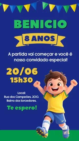 Convite de Aniversário Infantil Futebol Brasil Editável