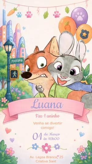 Convite de Aniversário Zootopia Ilustrado para Editar