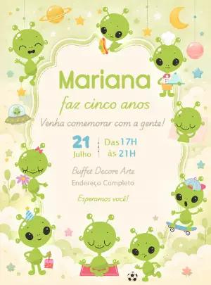 Convite de Aniversário Aliens Fofos Espaciais Editável