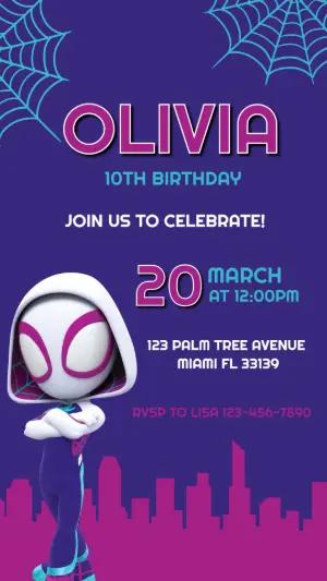 Spider-Gwen Superhero Birthday Invitation Editable Template
