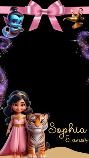 Moldura de Aniversário Princesa Jasmine Rosa para Foto Editável