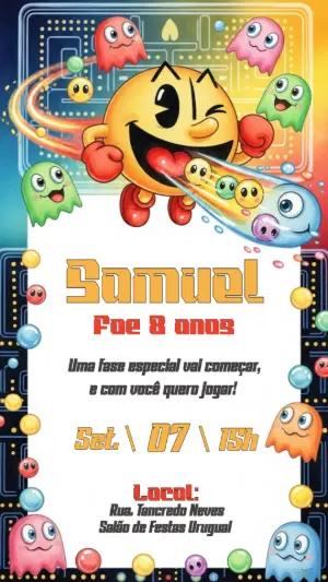 Convite Aniversário Pac-Man e Fantasmas Editável Online
