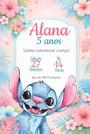 Convite Digital Stitch e Flores Tropicais Modelo Editável