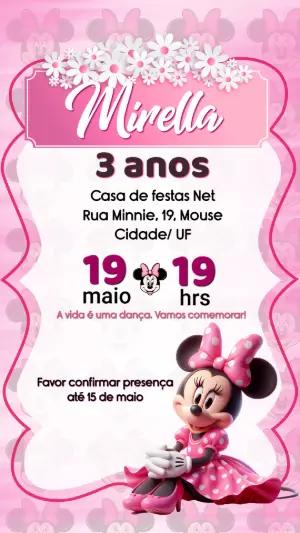 Convite de Aniversário Minnie Rosa Infantil Modelo Editável