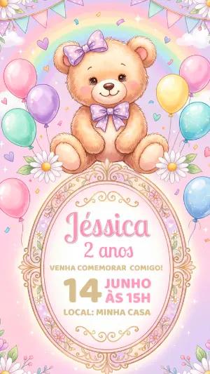 Convite de Aniversário Ursinha Aquarela Rosa Editável