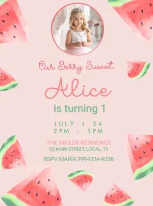 Editable Watermelon 'Berry Sweet' First Birthday Invitation