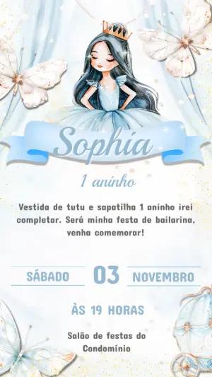 Convite Aniversário Bailarina Princesa Azul Editável