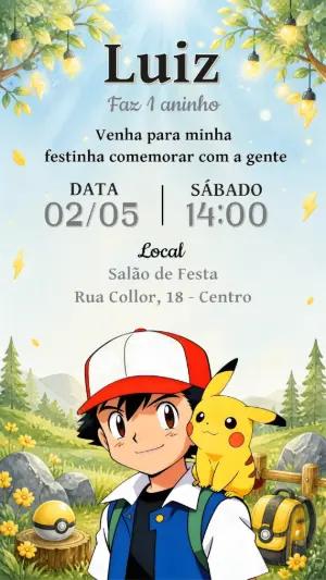 Convite de Aniversário Pokémon: Ash e Pikachu | Modelo Editável