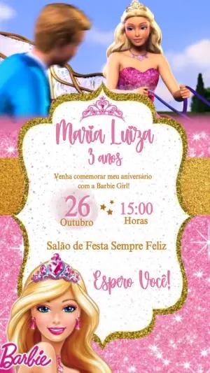 Convite Animado Aniversário Barbie Princesa Rosa e Dourado Editável