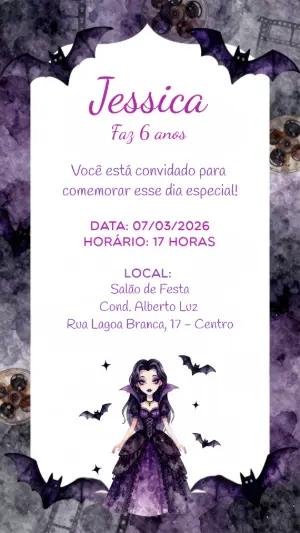 Convite de Aniversário Vampira Roxo e Preto para Editar