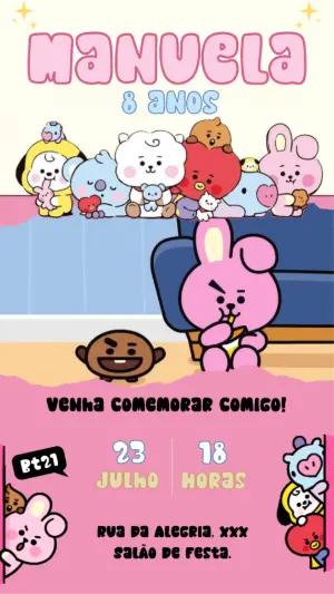 Convite de Aniversário BT21 Rosa e Fofo para Editar