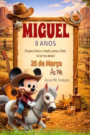 Convite Animado Aniversário Cowboy Mickey para Editar