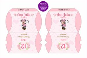 Caixa Travesseiro Minnie Rosa Editável para Aniversário