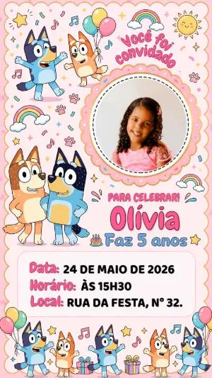 Convite de Aniversário Bluey Rosa com Foto para Editar