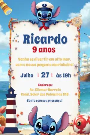 Convite Aniversário Stitch Marinheiro para Editar Online