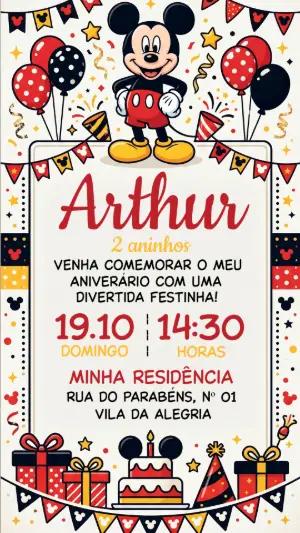 Convite de Aniversário Mickey Clássico para Editar