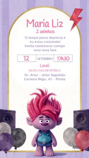 Convite de Aniversário Trolls Rock para Editar e Enviar