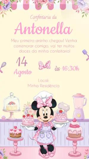 Convite Animado Minnie Confeiteira: Vídeo de Aniversário Editável