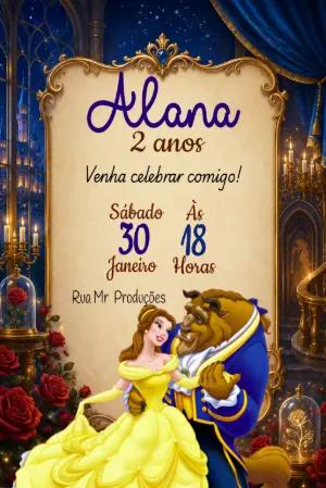 Convite de Aniversário A Bela e a Fera Modelo Editável