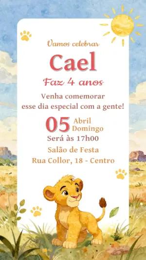 Convite de Aniversário Infantil Rei Leão Aquarela para Editar
