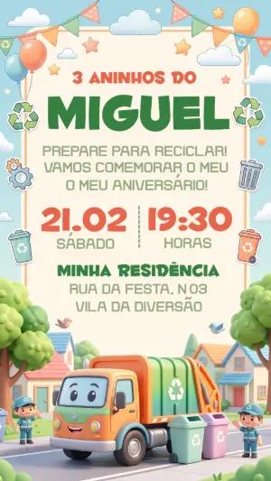 Convite de Aniversário Infantil Caminhão de Lixo Editável