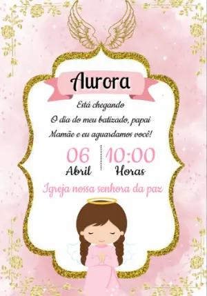 Convite de Batizado Anjinha Rosa e Dourado para Editar Online