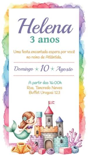 Convite Aniversário Sereia Aquarela para Editar Online